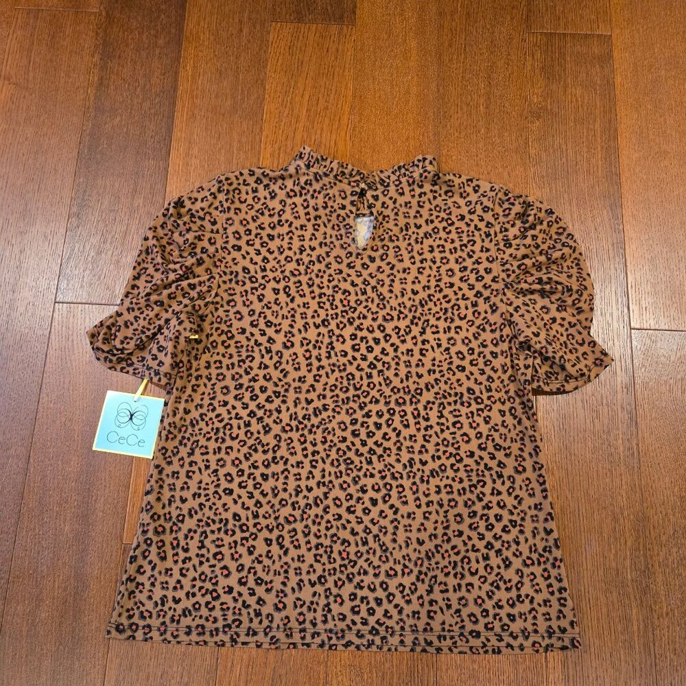 NWT CeCe Leopard Animal Print Blouse Shirt Puff Sleeve Women's Large - Picture 2 of 7